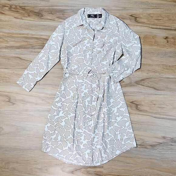 🔹️MG Silk Collection Cream & Tan 100% Silk Buttoned Shirt Dress Small - Picture 1 of 14